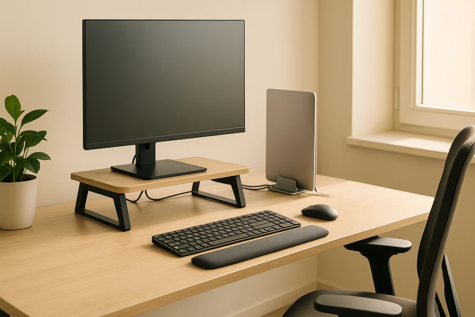Modern íróasztal egy fekete monitorral, billentyűzettel és egérrel.