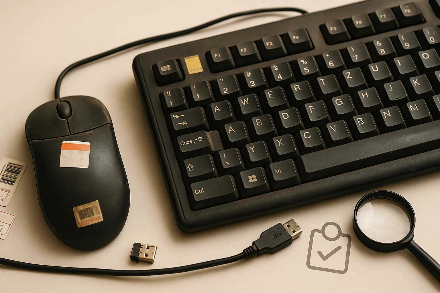 Egy fekete számítógépes billentyűzet és egér látható, USB csatlakozóval.