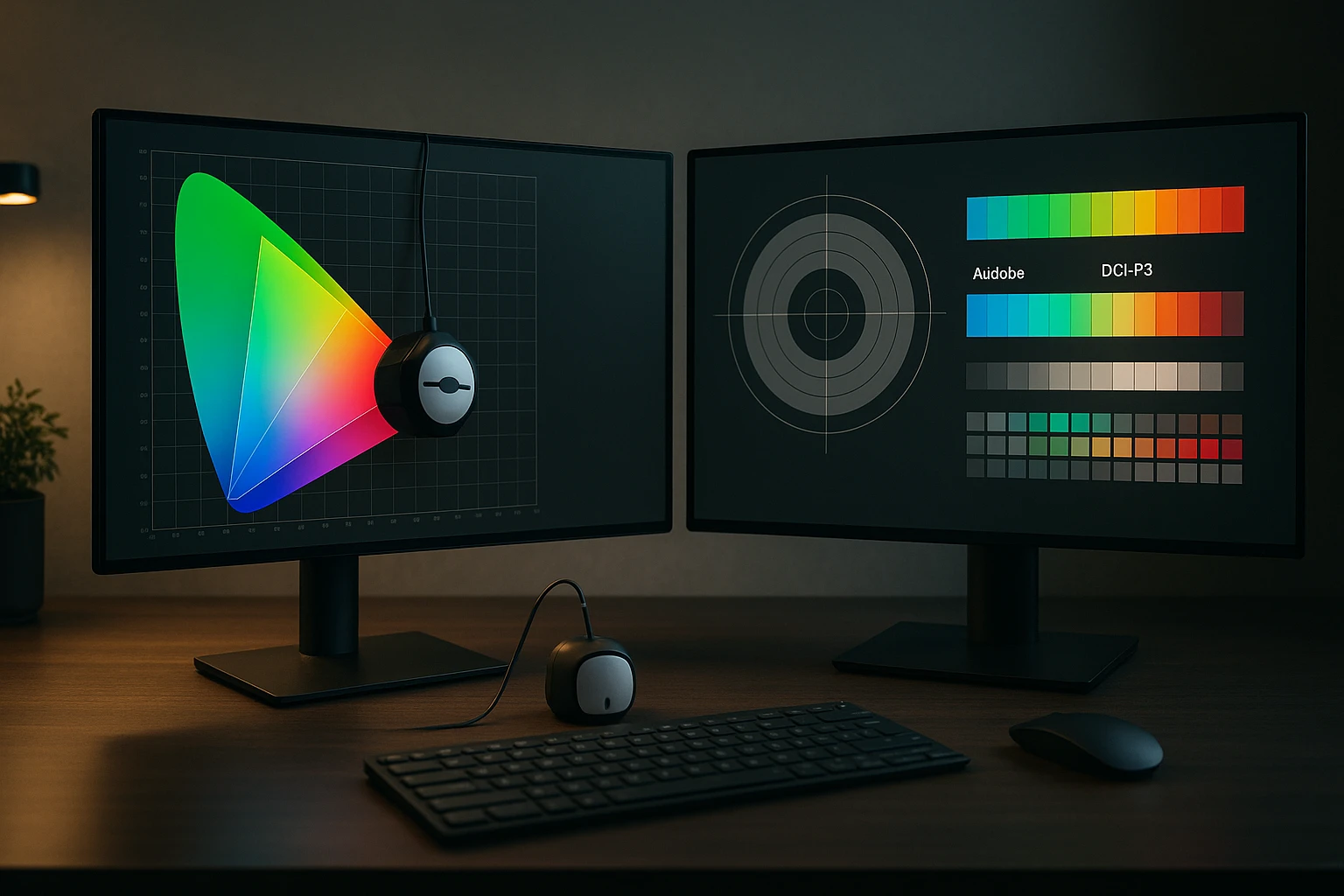Két monitor, az egyik színskálát, a másik színprofilt mutat, fekete billentyűzettel és egérrel.