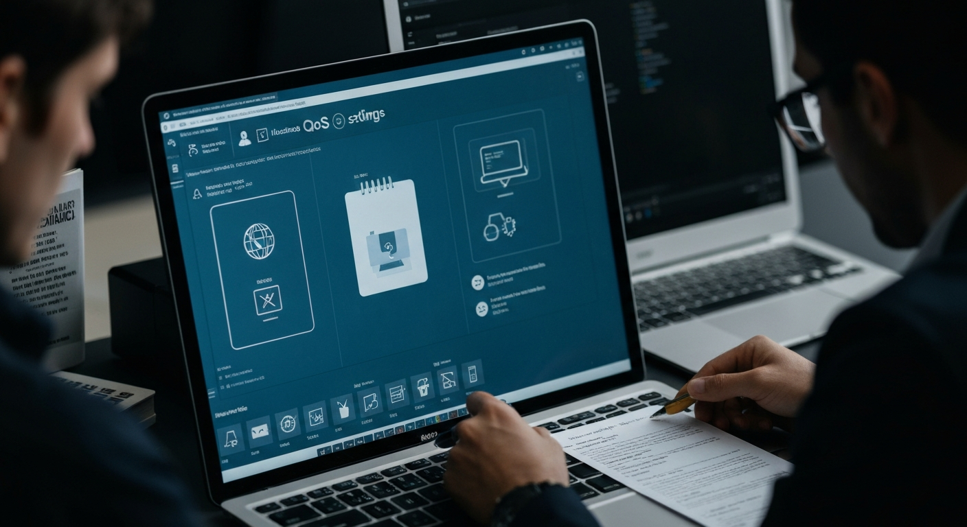 Két ember dolgozik laptopok előtt, az egyik képernyőjén szoftverbeállítások láthatók.