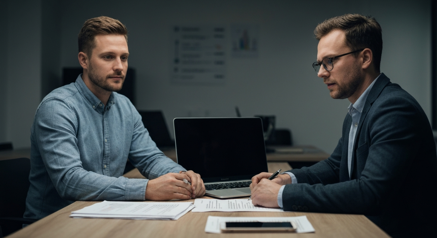 Két férfi ül egy asztalnál, laptop és dokumentumok között tárgyalnak.