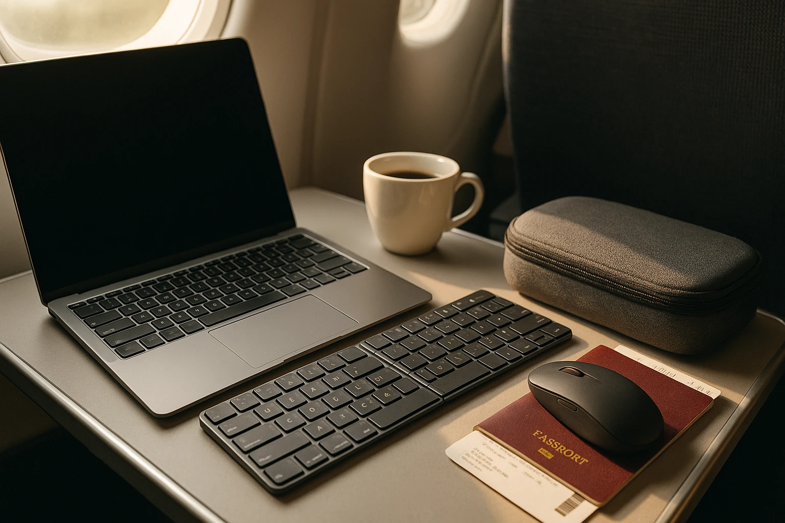 Egy laptop, vezeték nélküli billentyűzet és egér egy repülőgépen, mellettük kávé és útlevél.