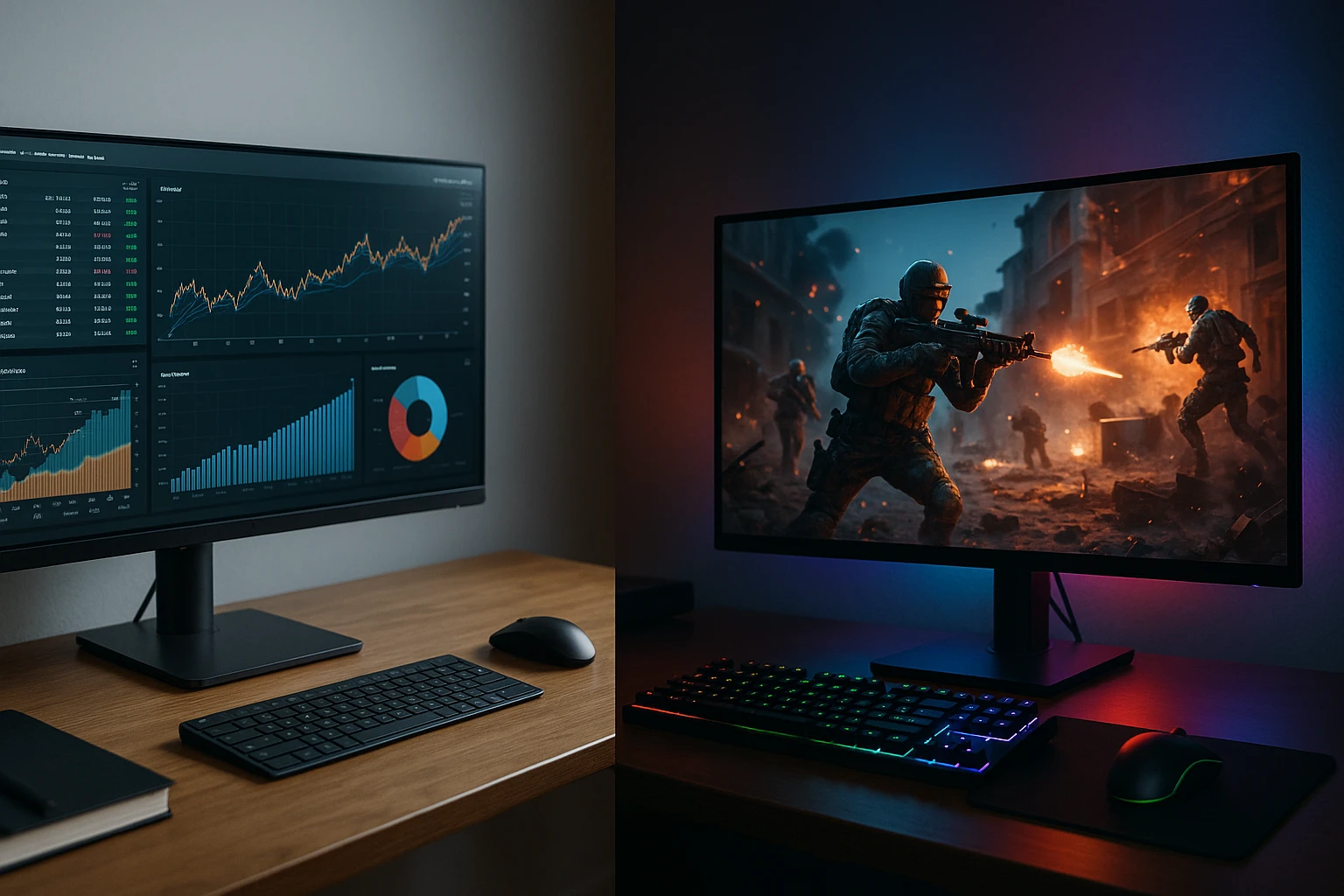 Két monitor egy íróasztalon, az egyik pénzügyi grafikonokat, a másik videojáték jelenetet mutat.