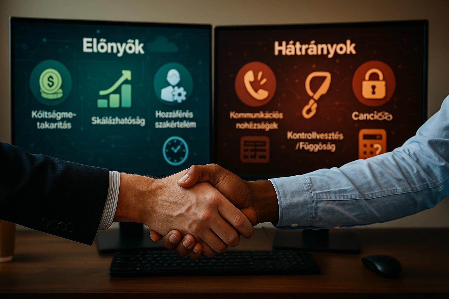 Két ember kezet fog, háttérben a technológiai előnyöket és hátrányokat bemutató képernyők.