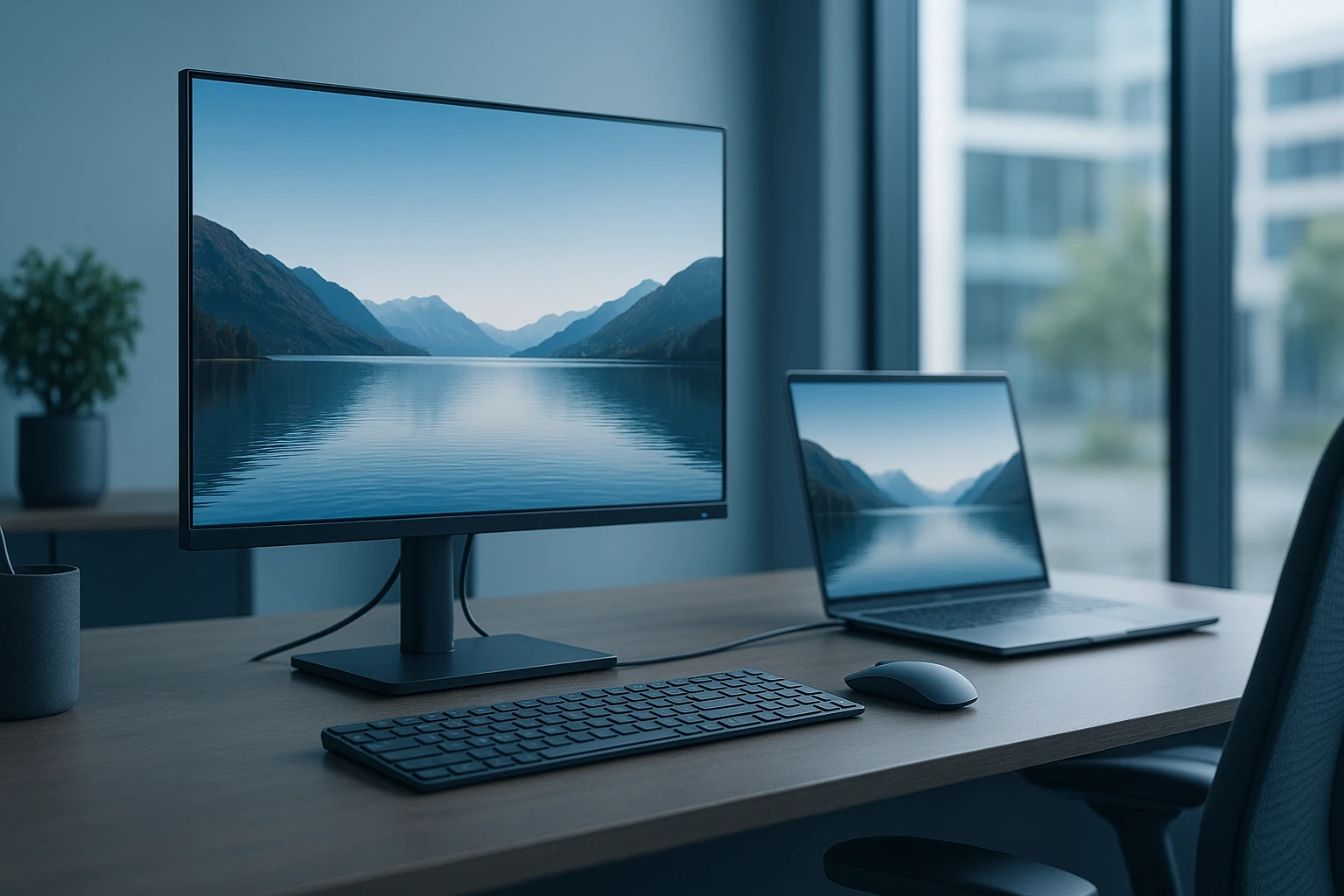 Modern számítógép és laptop egy elegáns íróasztalon, háttérben hegyekkel.