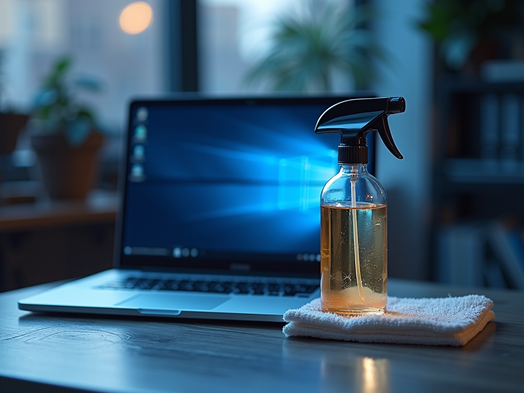 Egy laptop mellett álló tisztítószeres flakon és törlőkendő.