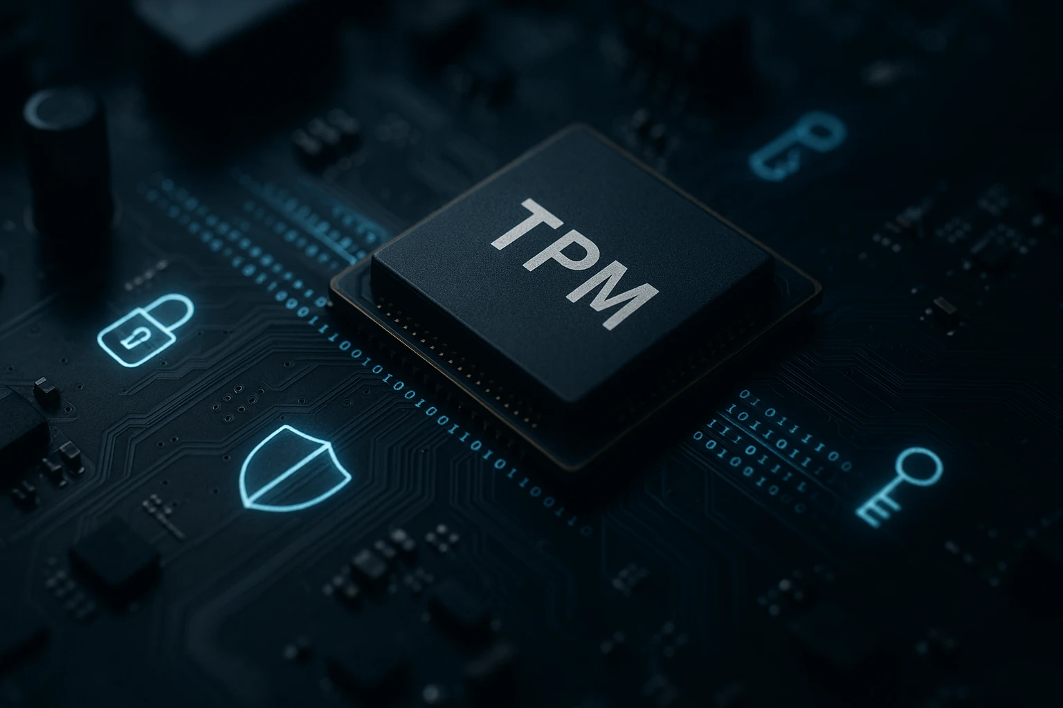 Egy TPM chip látható egy sötét háttér előtt, biztonsági ikonokkal körülvéve.