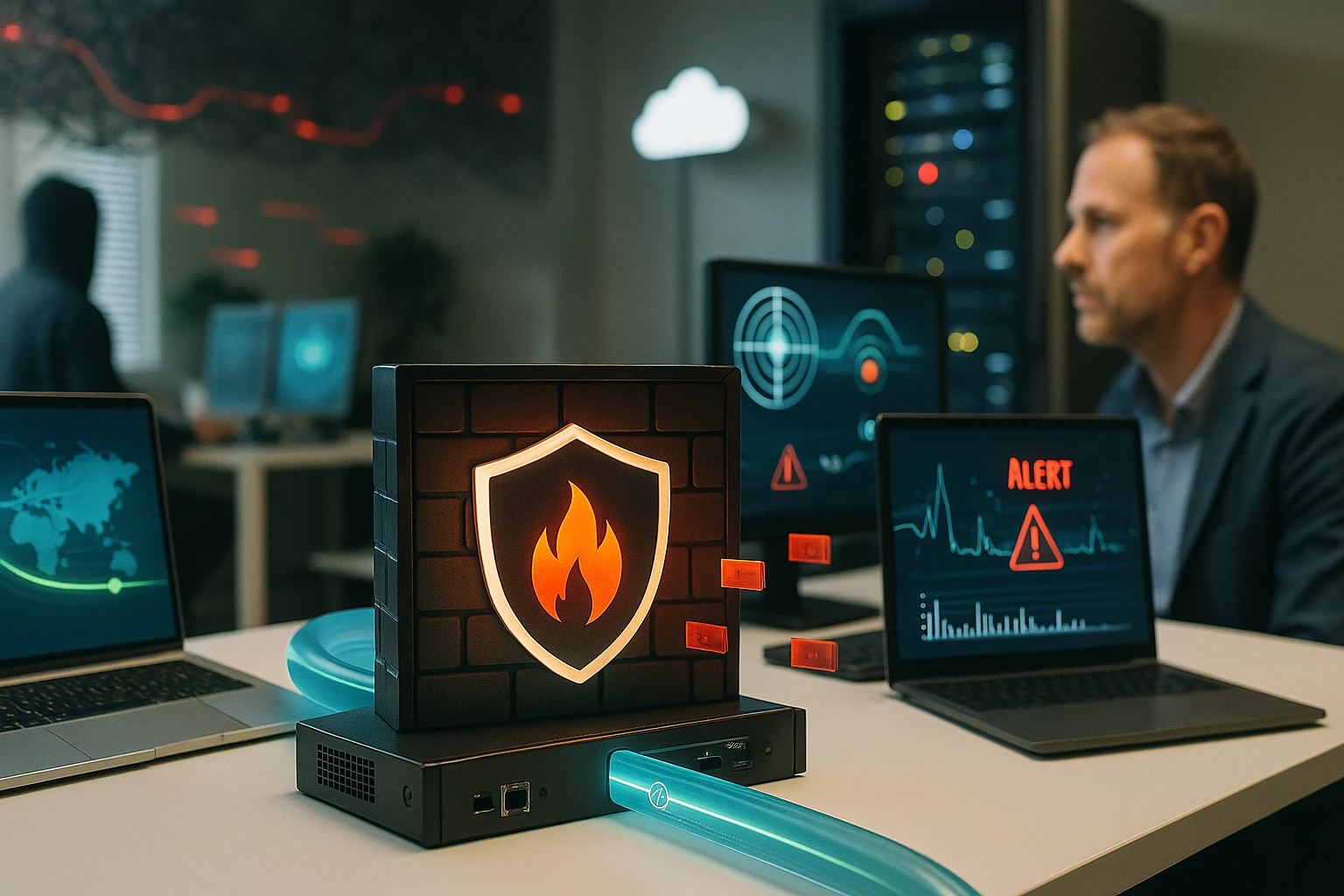 Egy tűzfal eszköz látható, amelyet számítógépek vesznek körül, figyelmeztető jelekkel.