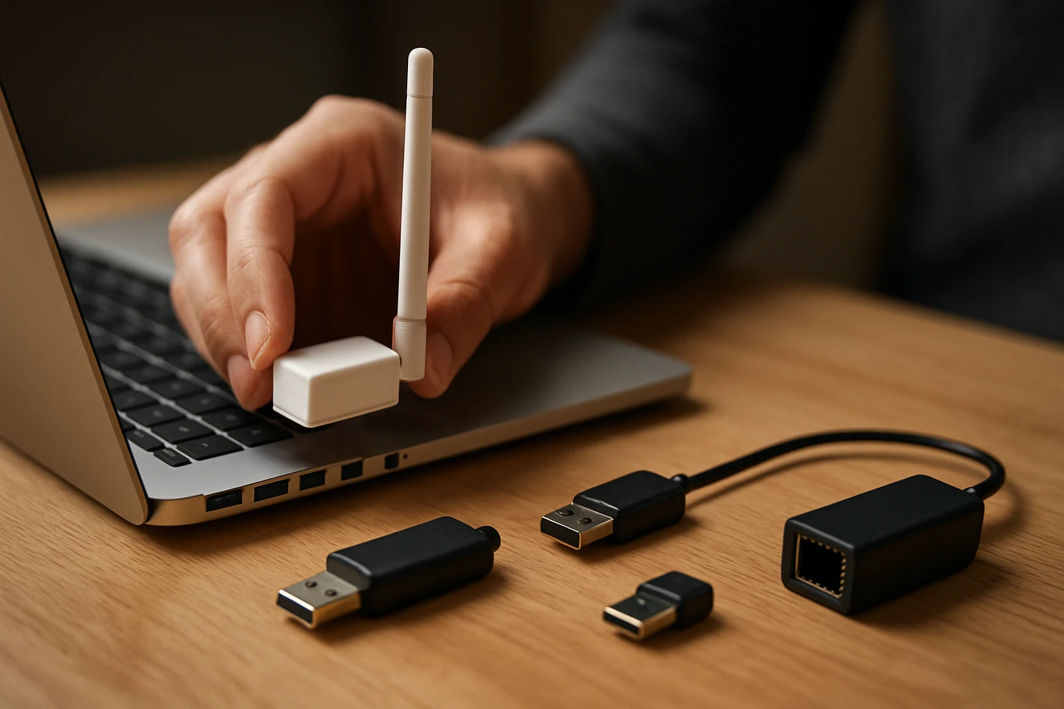 Egy kéz egy fehér USB adaptert helyez el egy laptopon, mellette különböző USB kábelek.