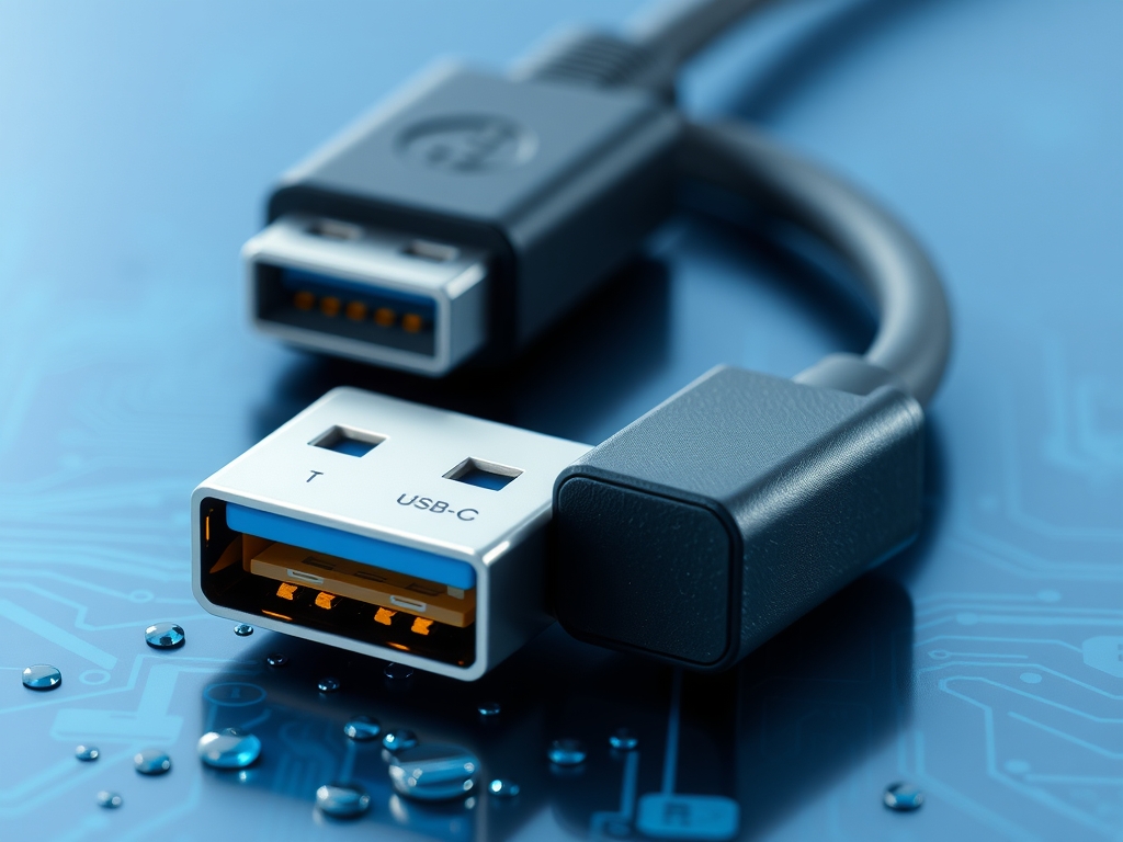 USB-C és USB 3.0 csatlakozó egy vízcseppes felületen.