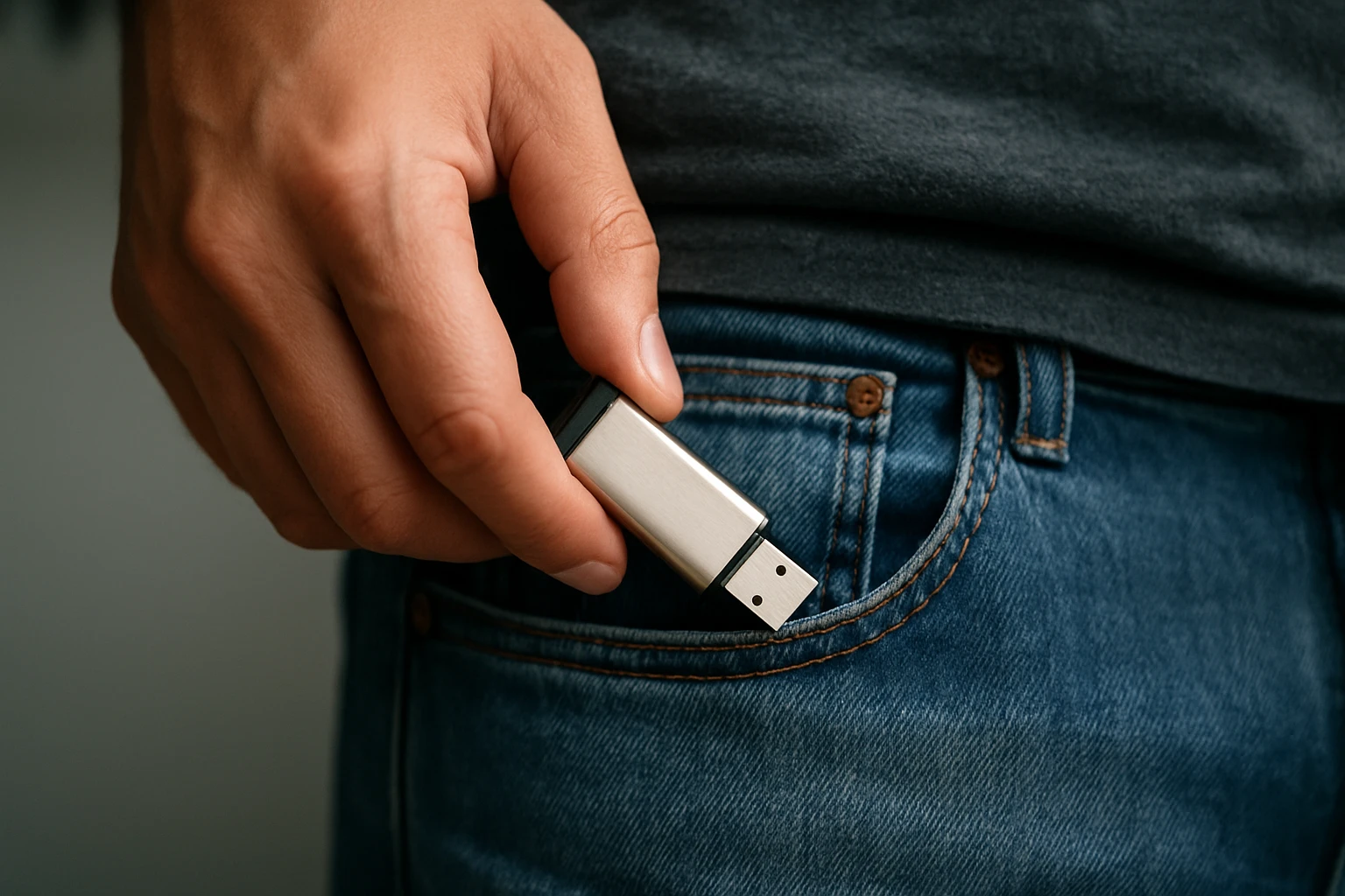 Egy kéz, amely egy USB flash meghajtót helyez el a farmer zsebében.