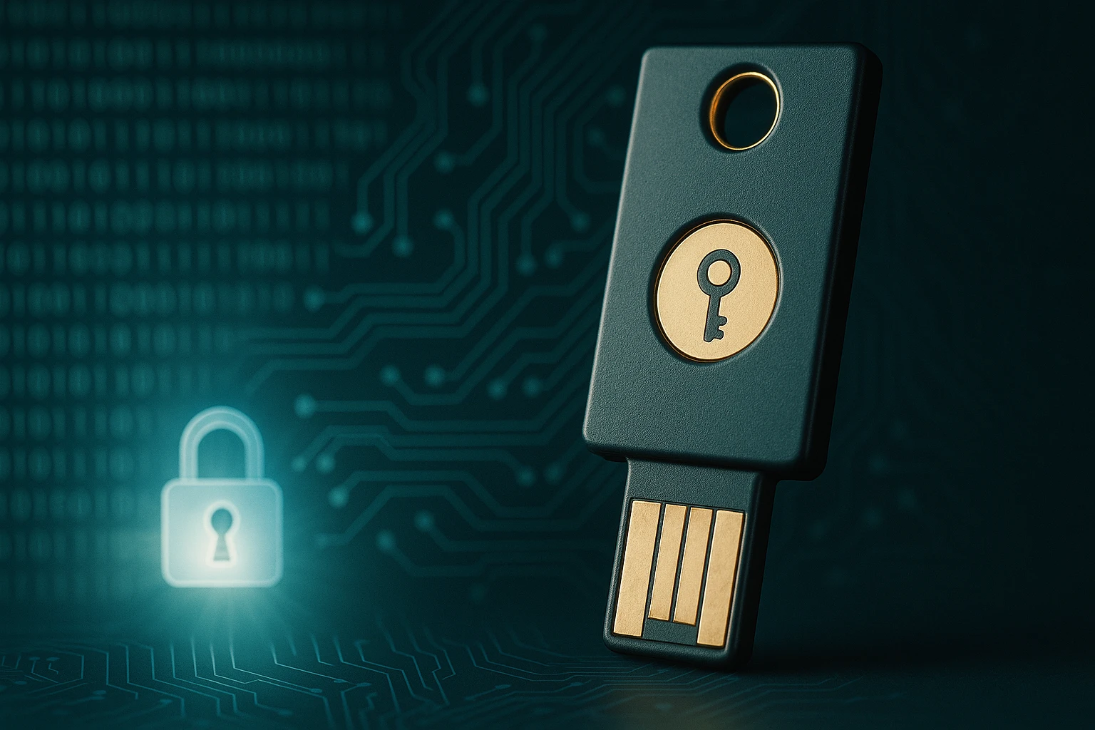 Egy USB kulcs, amely biztonsági zár szimbólummal van ellátva, háttérben digitális áramkörökkel.