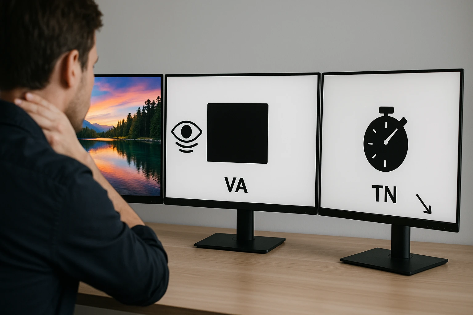 Egy férfi két monitor előtt ül, az egyik képernyőn VA, a másikon TN technológia látható.