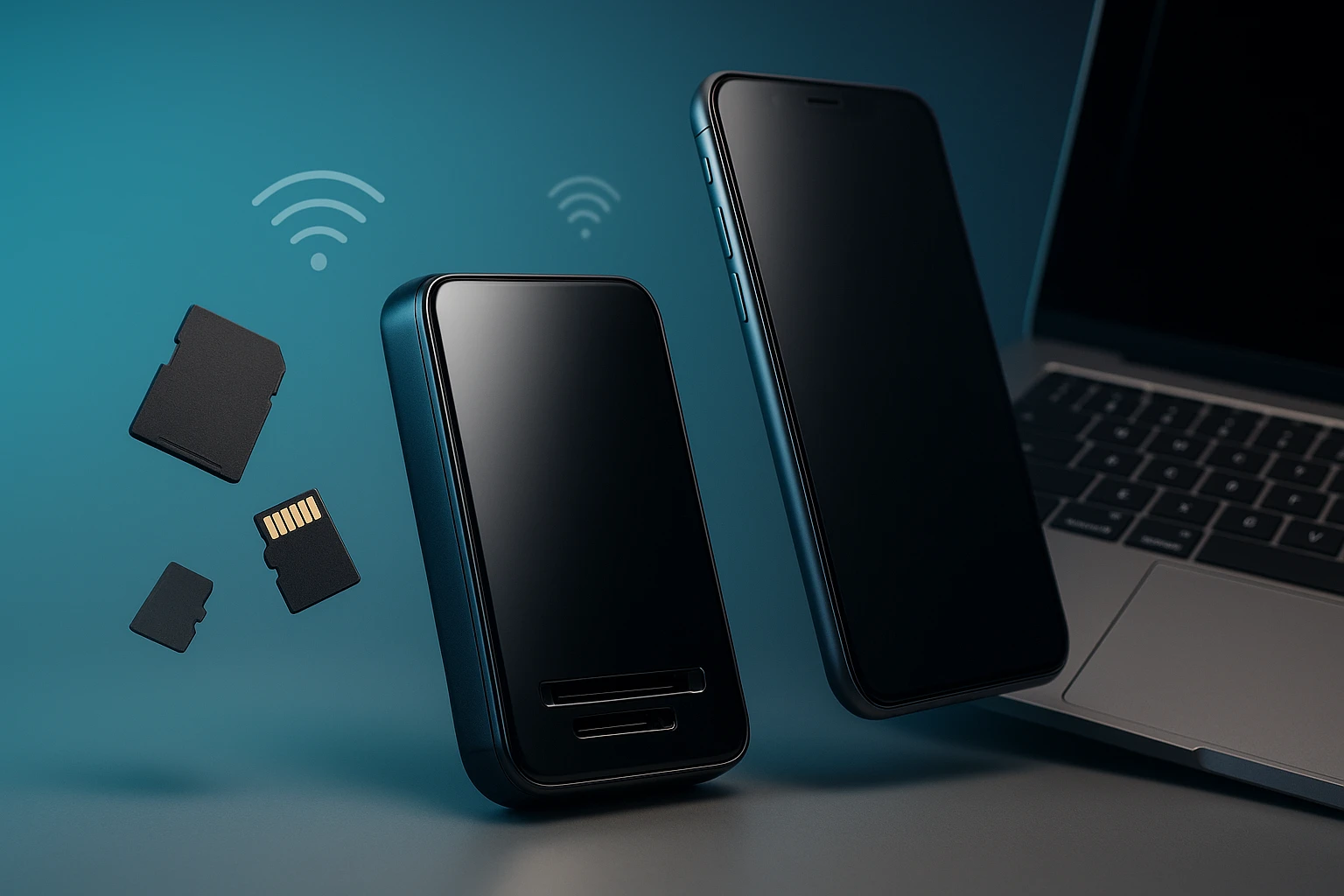 Egy okostelefon, egy vezeték nélküli adattároló és memóriakártyák láthatók.