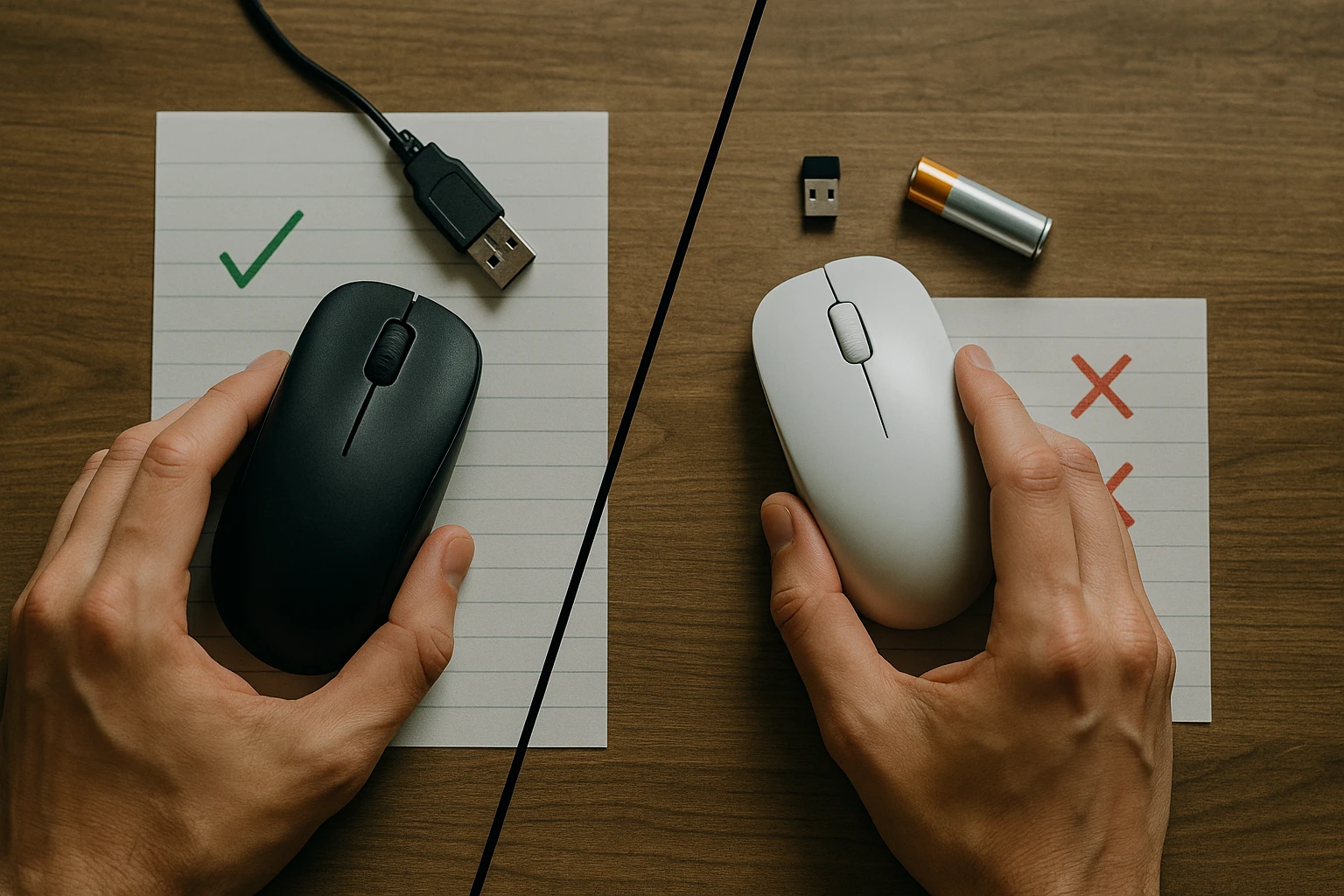 Egy fekete és egy fehér számítógépes egér, USB kábel és elem mellett.