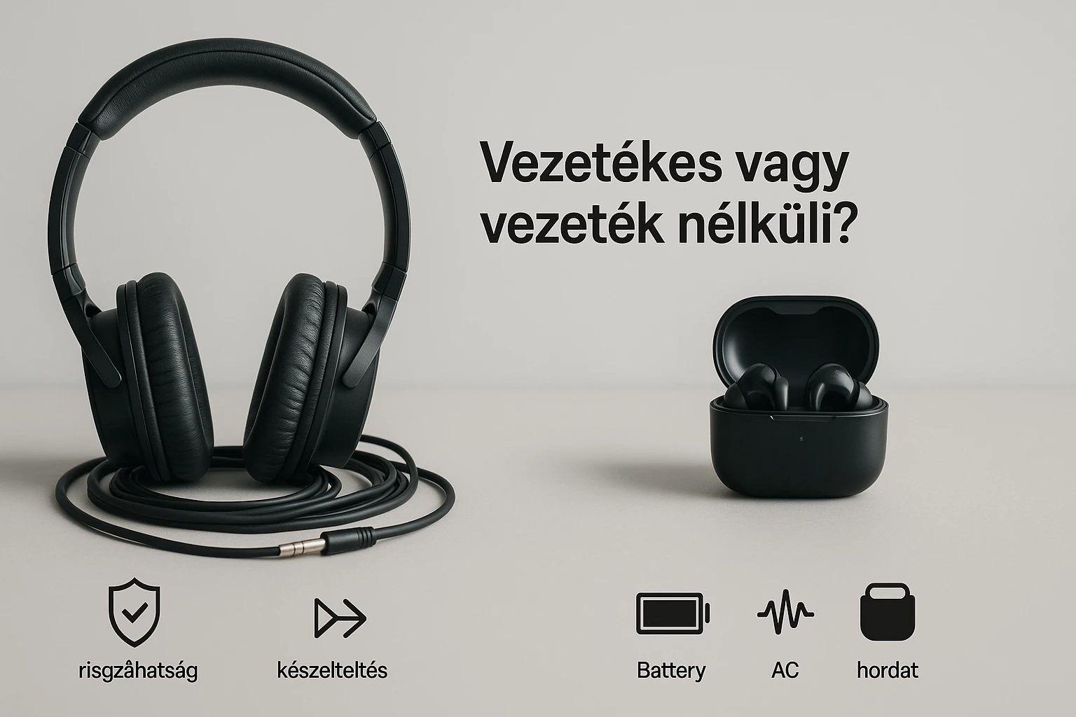 Fekete fejhallgató és vezeték nélküli fülhallgató egy asztalon.