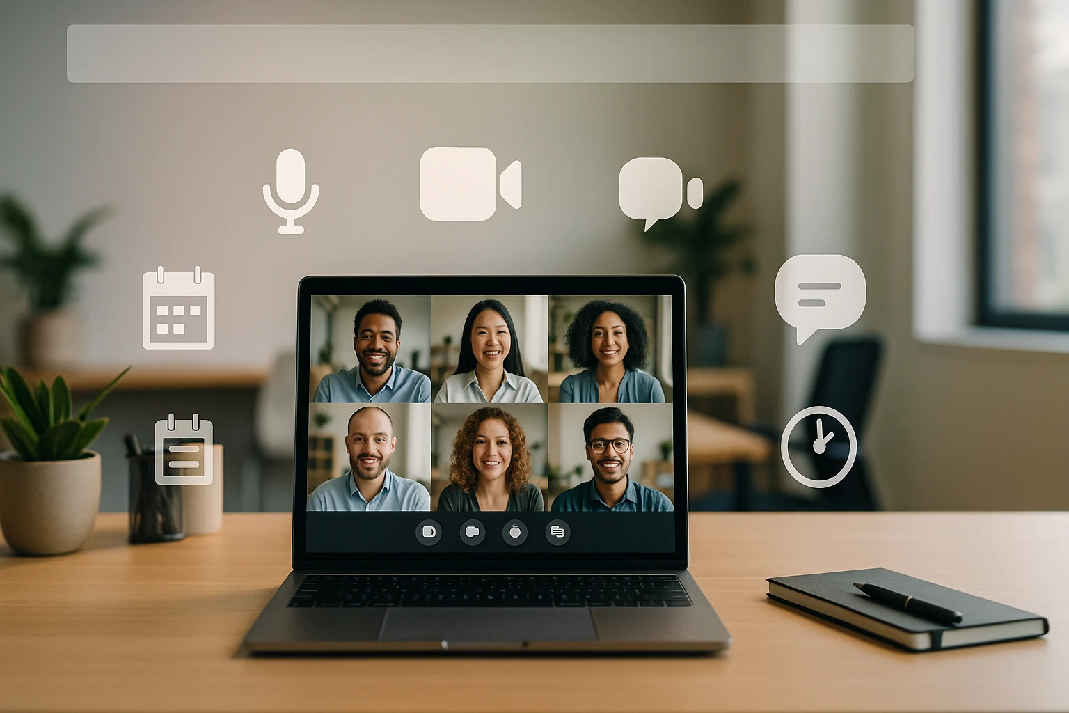 Egy laptop képernyőjén hat ember látható videókonferencián, különböző ikonokkal.