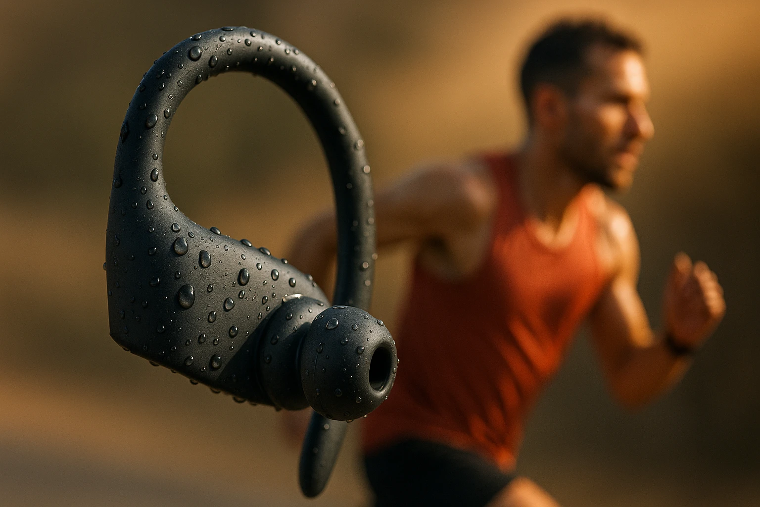 Fekete, vízálló fülhallgató közelről, csepp víz látható rajta, háttérben futó férfi.