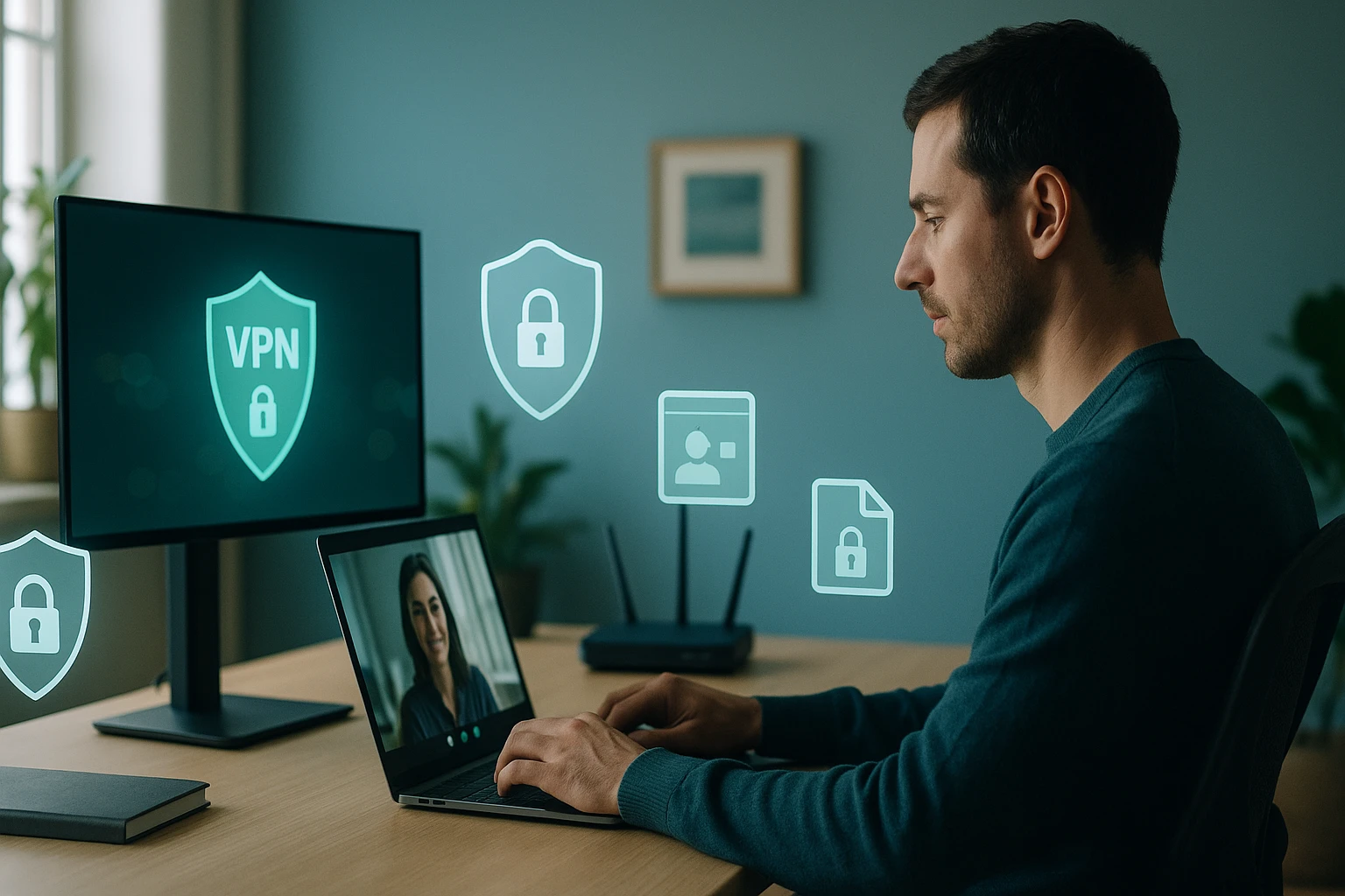 Egy férfi laptopon dolgozik, VPN ikonokkal a képernyőn, biztonságos online kommunikációt biztosítva.