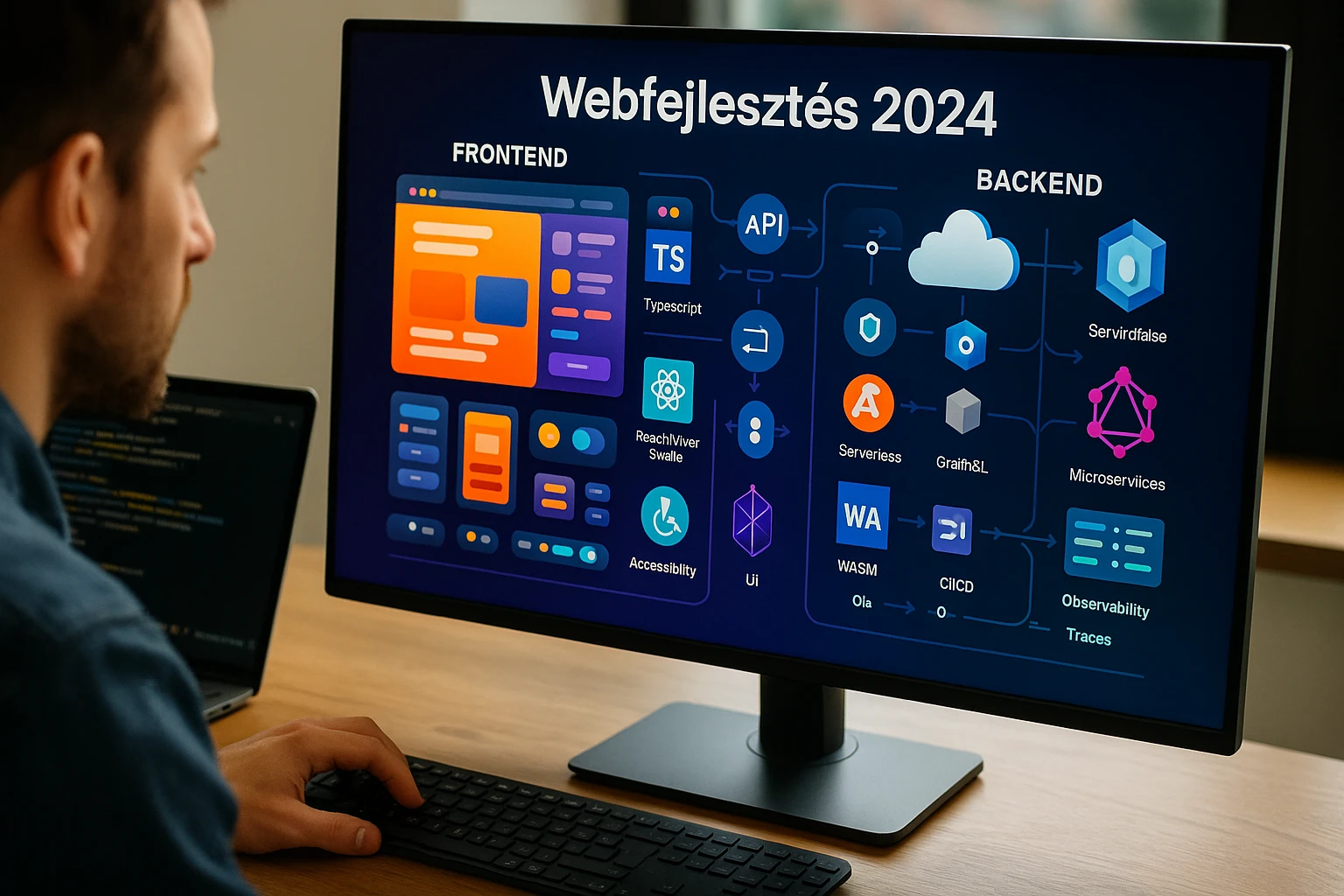 Egy programozó a webfejlesztés 2024-es trendjeit bemutató képernyő előtt ül.