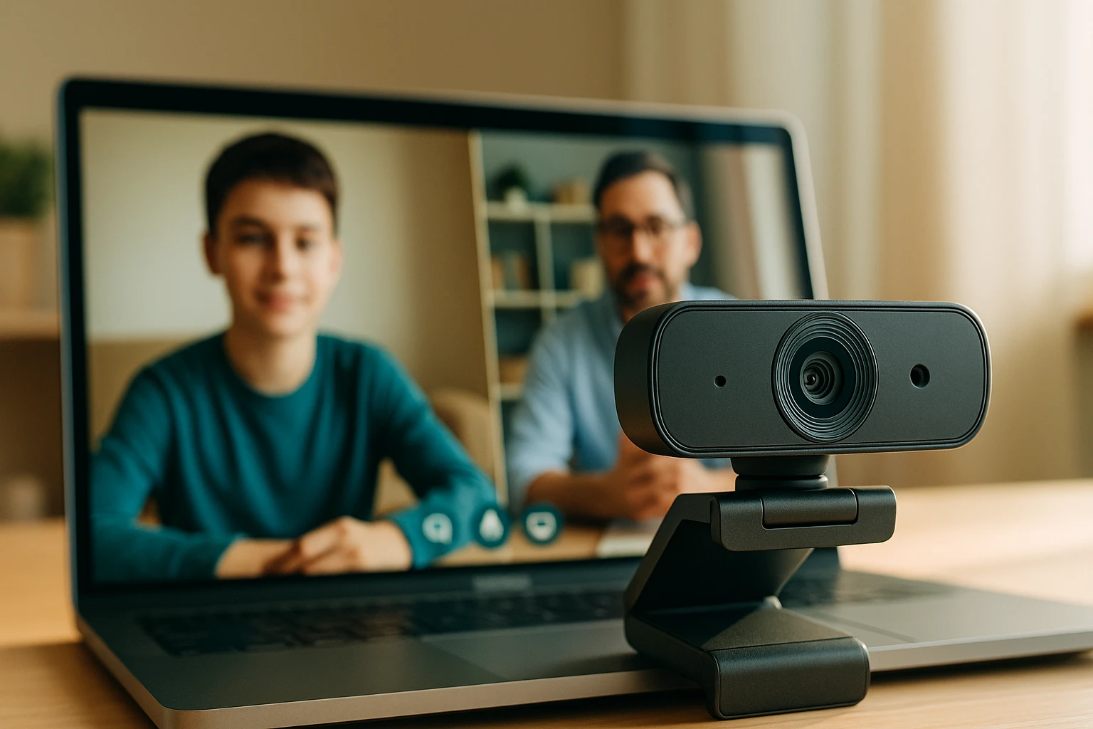 Egy laptop előtt álló webkamera, háttérben két ember videóbeszélgetést folytat.