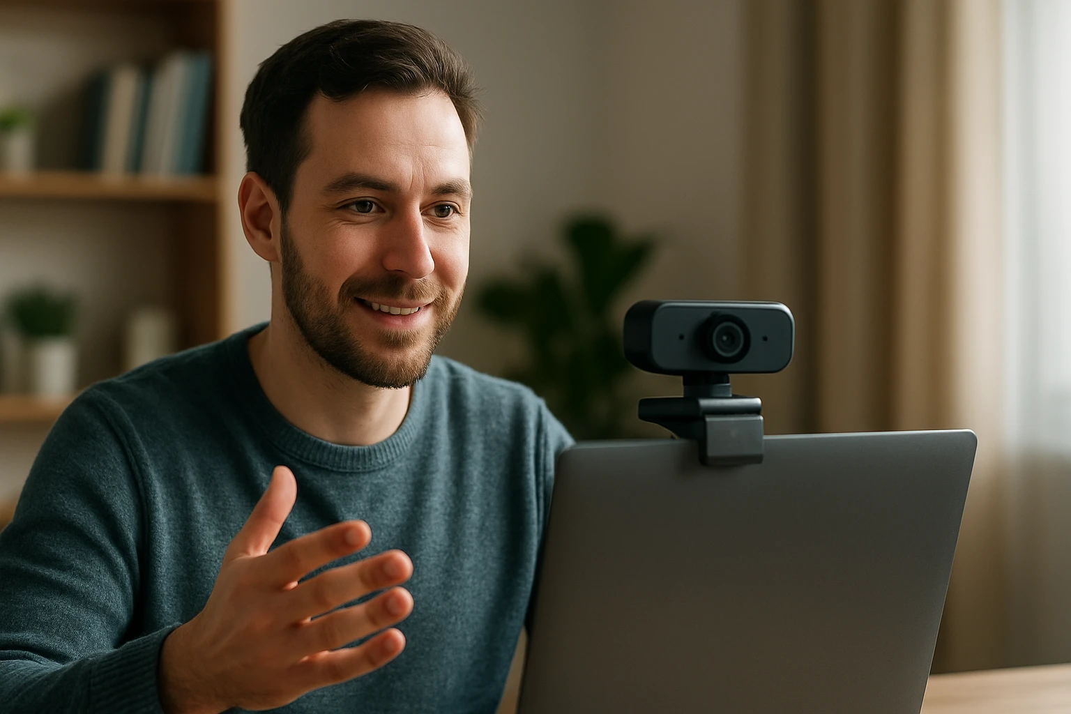 Egy férfi vidáman beszél egy laptop kamerájába, otthoni környezetben.