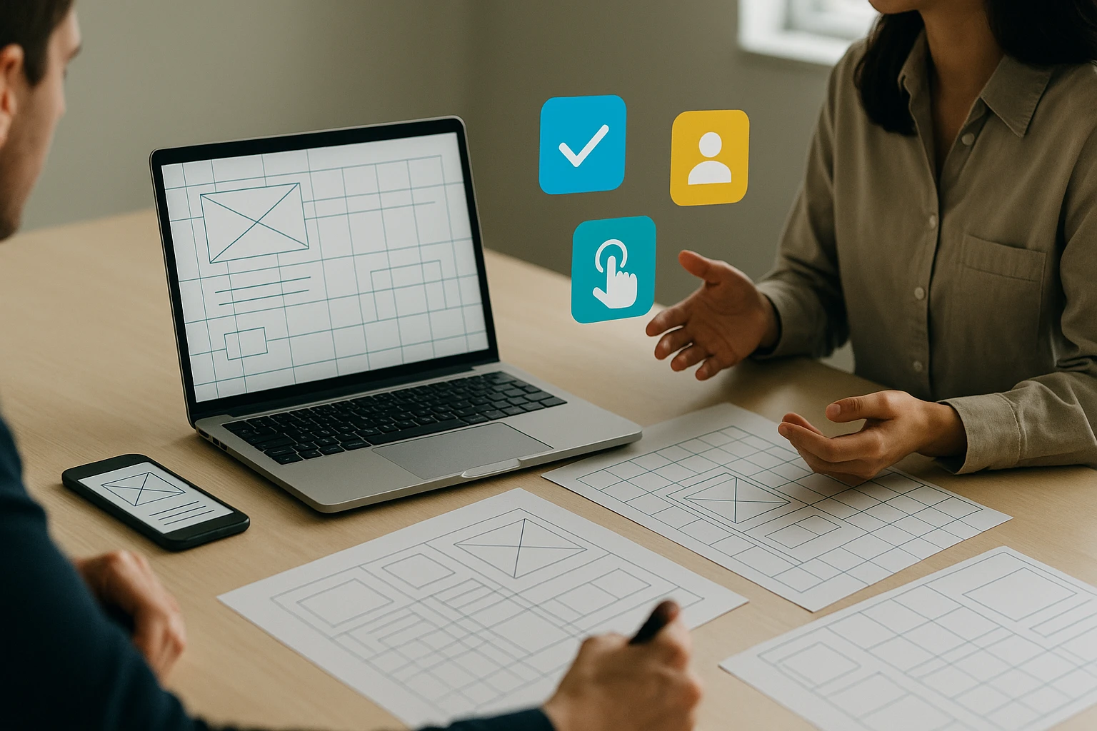 Két ember beszélget egy laptop előtt, amelyen weboldal tervezési vázlat látható.