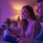 Modern okosotthon rendszer, ahol pár egy okos hangszórót és telefonokat használ.