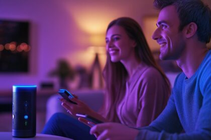 Modern okosotthon rendszer, ahol pár egy okos hangszórót és telefonokat használ.