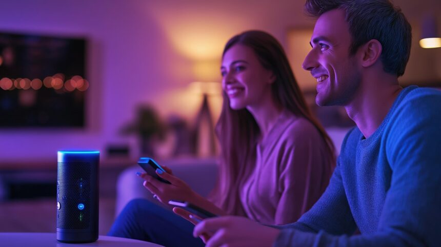 Modern okosotthon rendszer, ahol pár egy okos hangszórót és telefonokat használ.