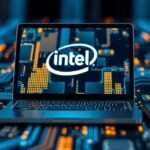 Laptop display with Intel logo on a technology-themed background