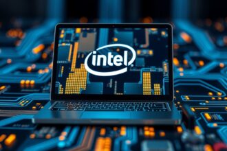 Laptop display with Intel logo on a technology-themed background