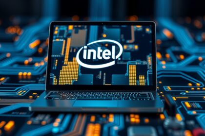 Laptop display with Intel logo on a technology-themed background