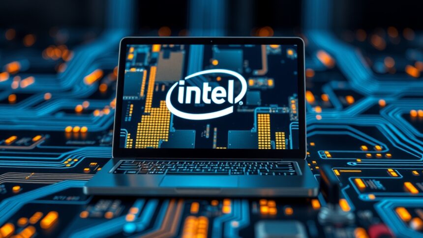 Laptop display with Intel logo on a technology-themed background