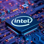 Intel processzor a számítógép áramkörén, futurisztikus designnal