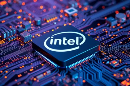 Intel processzor a számítógép áramkörén, futurisztikus designnal