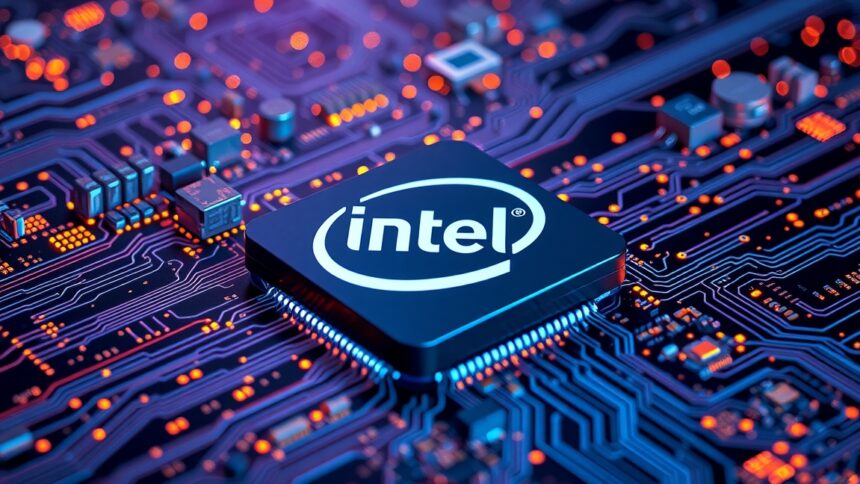 Intel processzor a számítógép áramkörén, futurisztikus designnal