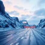 Havas táj és út, hirdetőtáblával a háttérben