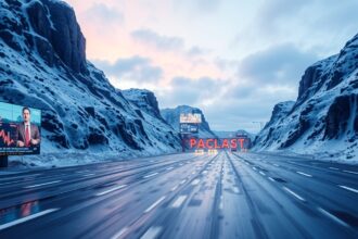 Havas táj és út, hirdetőtáblával a háttérben