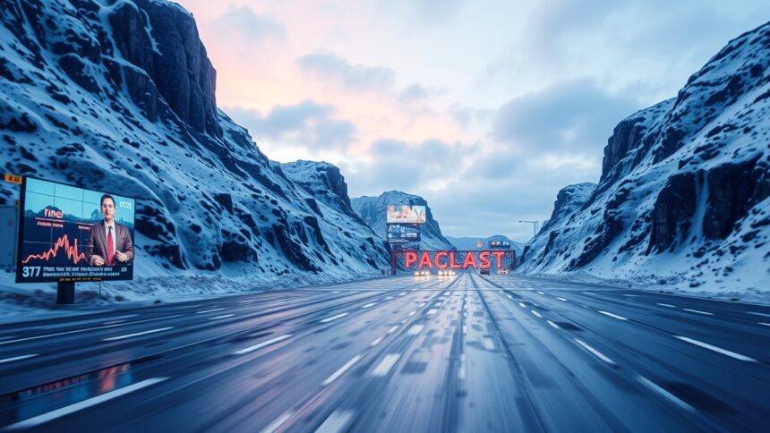 Havas táj és út, hirdetőtáblával a háttérben