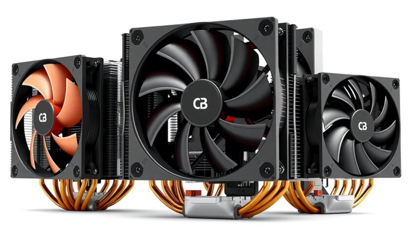 Különböző típusú CPU hűtők, toronyhűtők és kompakt megoldások.