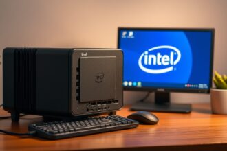 Intel NUC kompakt számítógép és monitor otthoni irodához