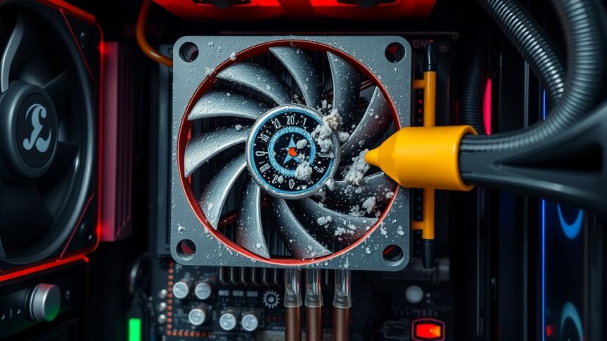 Hűtőrendszer karbantartása: egy poros ventilátor közelről