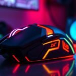 RGB világítással rendelkező gamer egér közelről, háttérben technológiai elemekkel.