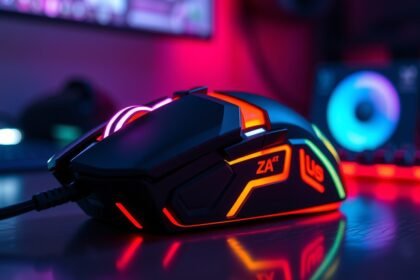 RGB világítással rendelkező gamer egér közelről, háttérben technológiai elemekkel.