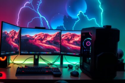 Gamer PC hárommonitoros beállítással, látványos RGB világítással.