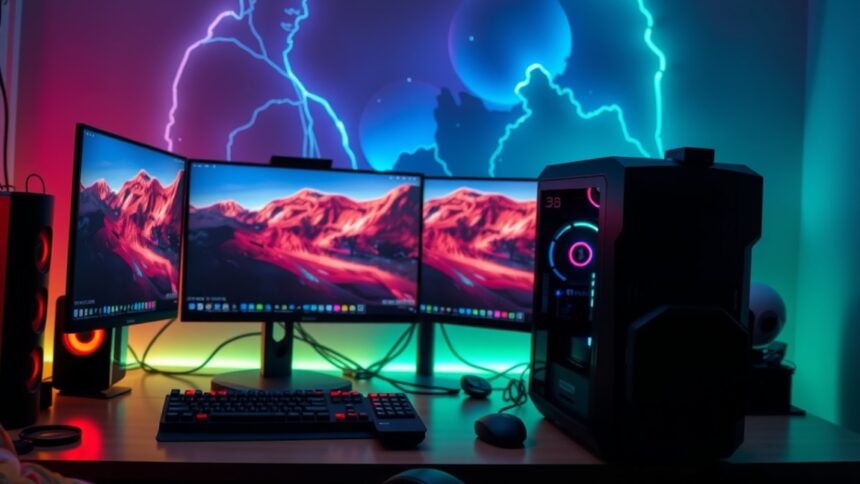 Gamer PC hárommonitoros beállítással, látványos RGB világítással.