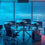 Modern munkahely 8K monitorokkal és panorámás kilátással.