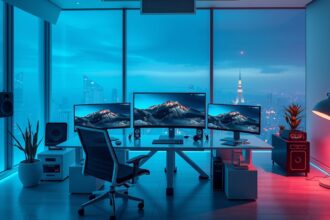 Modern munkahely 8K monitorokkal és panorámás kilátással.