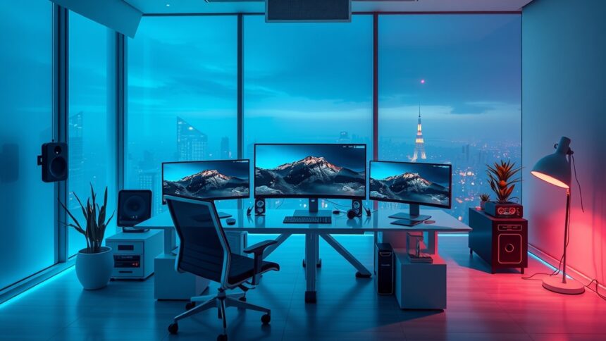 Modern munkahely 8K monitorokkal és panorámás kilátással.